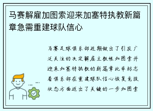 马赛解雇加图索迎来加塞特执教新篇章急需重建球队信心